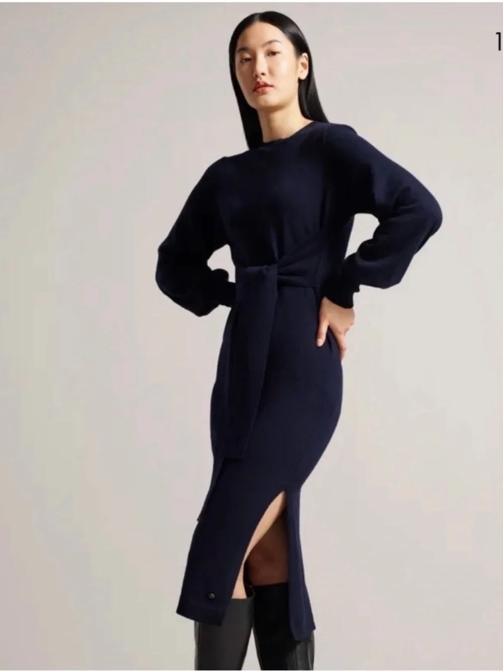 Ted Baker Essya Tie Front Knit Midi Dress Navy